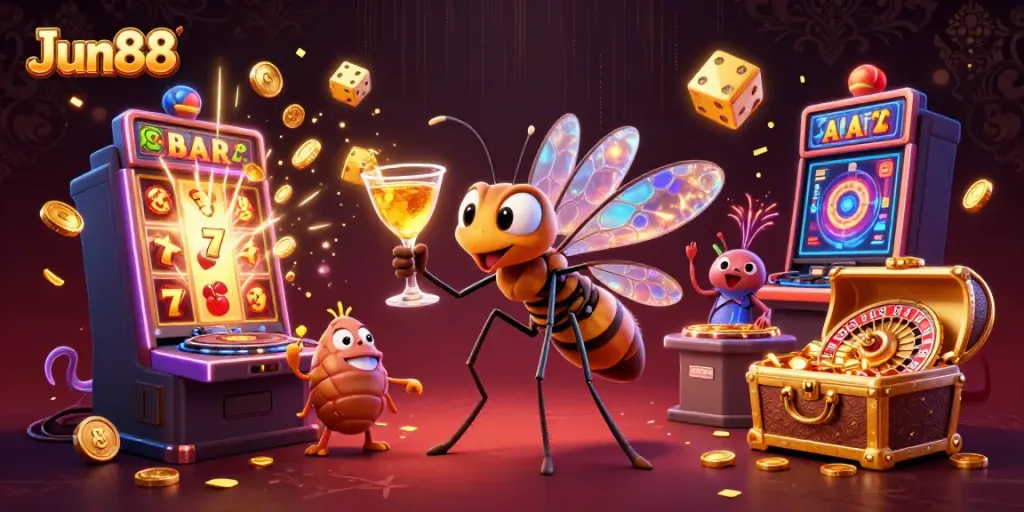Engage with Jun88’s vibrant 3D casino scene featuring dynamic mascots and thrilling game elements.