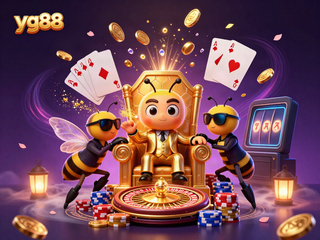 Experience thrilling gameplay at yg88 with colorful casino elements, including coins, cards, and a roulette wheel.