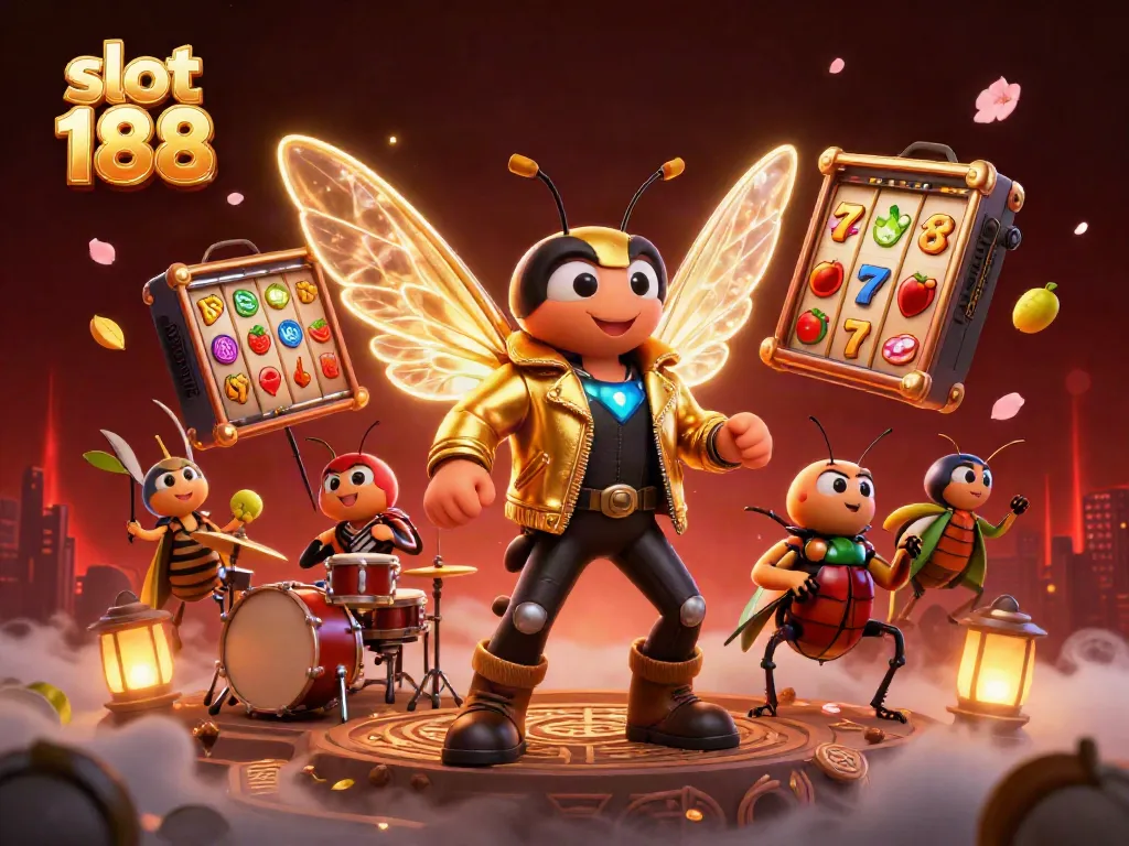 Akses jackpot slot 188 semakin seru dengan ilustrasi 3D cicada rock star dan karakter warna-warni lainnya.