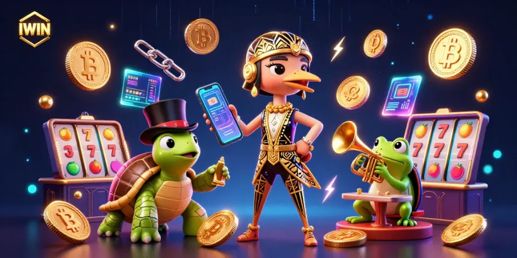 Engage with IWIN and experience an electrifying slot adventure featuring vibrant characters and crypto elements.