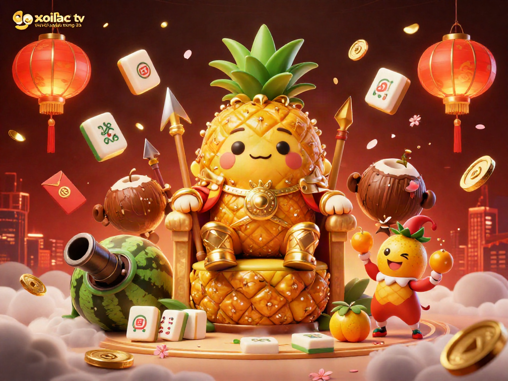 Experience xoilac tv trực tiếp bóng đá with a vibrant 3D scene featuring a pineapple king and casino elements.