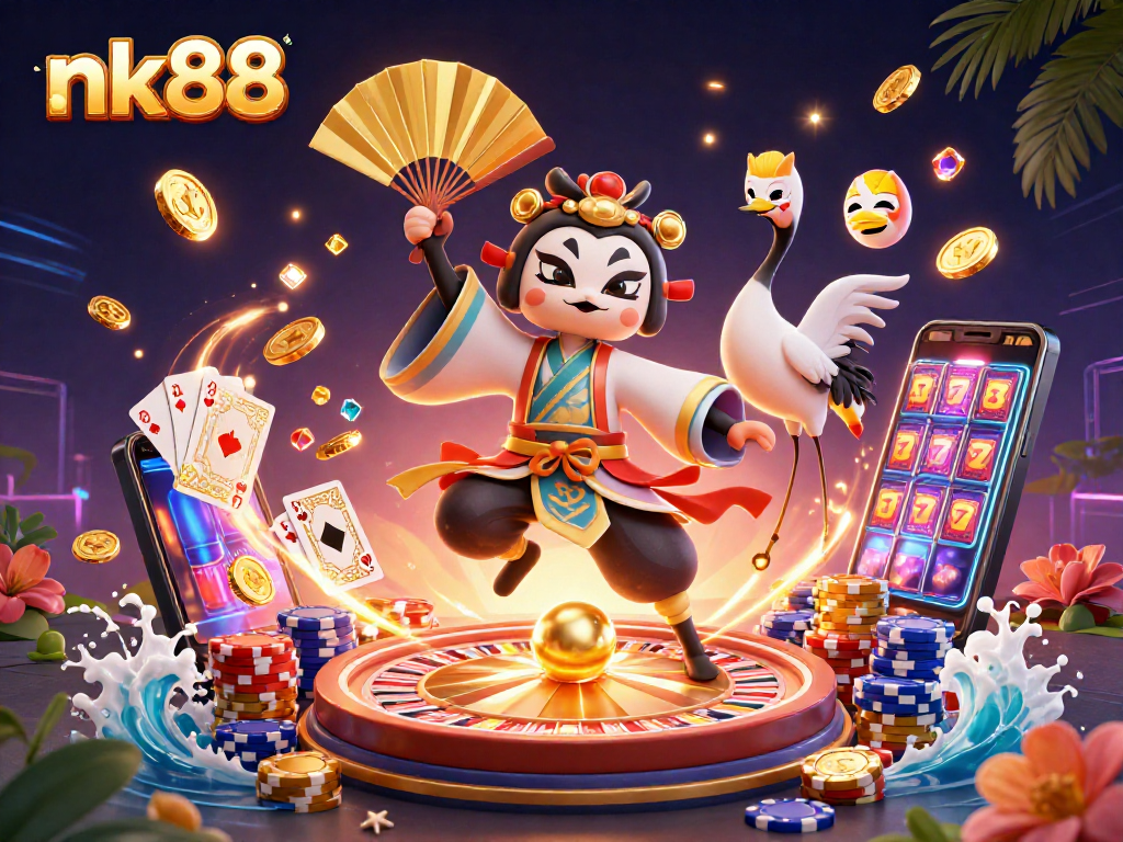 Join the fun at nk88 with a kabuki warrior and kitsune, as golden coins and poker elements illuminate the scene.