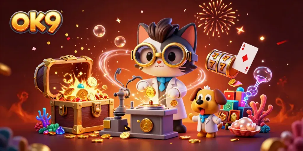 Play thrilling games at ok9 with a dynamic scene of a scientist crafting gold coins amid lively casino elements.