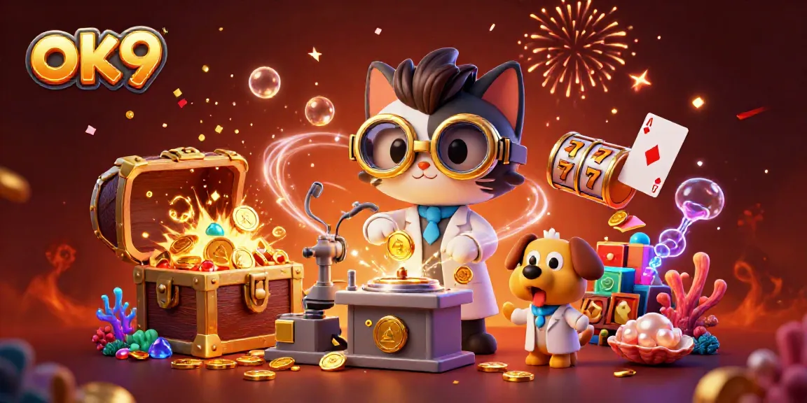 Play thrilling games at ok9 with a dynamic scene of a scientist crafting gold coins amid lively casino elements.