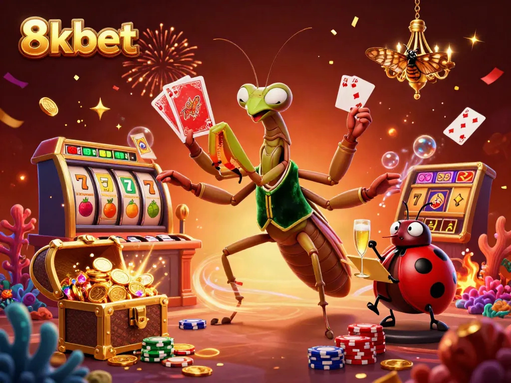 Experience the thrill of 8kbet casino with a vibrant 3D illustration featuring a unique card sharp and pit boss.