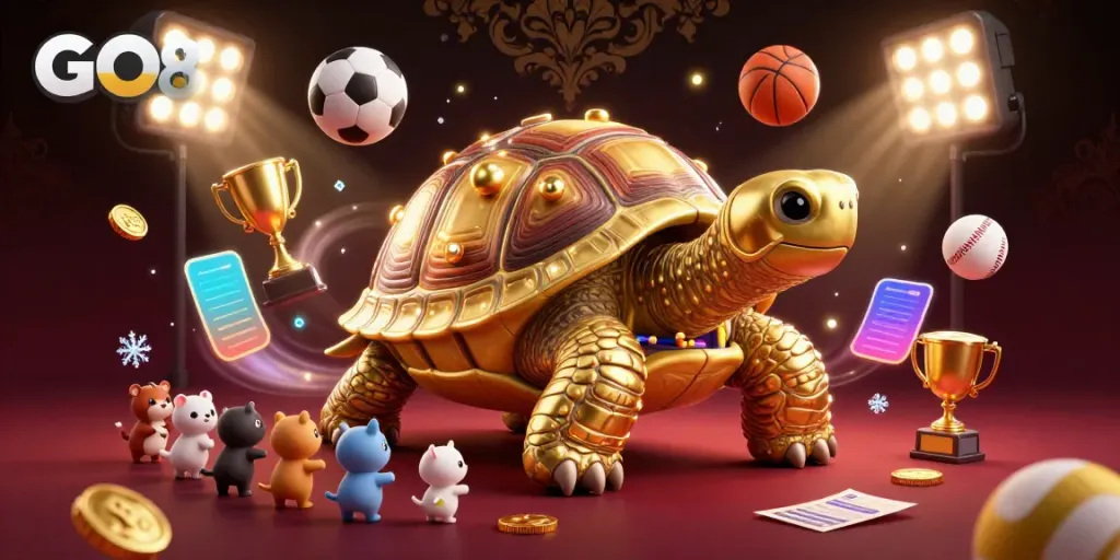 GO8's colossal tortoise pinball machine entertains a queue of eager players amidst dynamic sports elements.