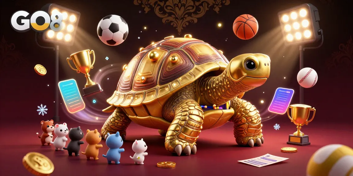 GO8's colossal tortoise pinball machine entertains a queue of eager players amidst dynamic sports elements.