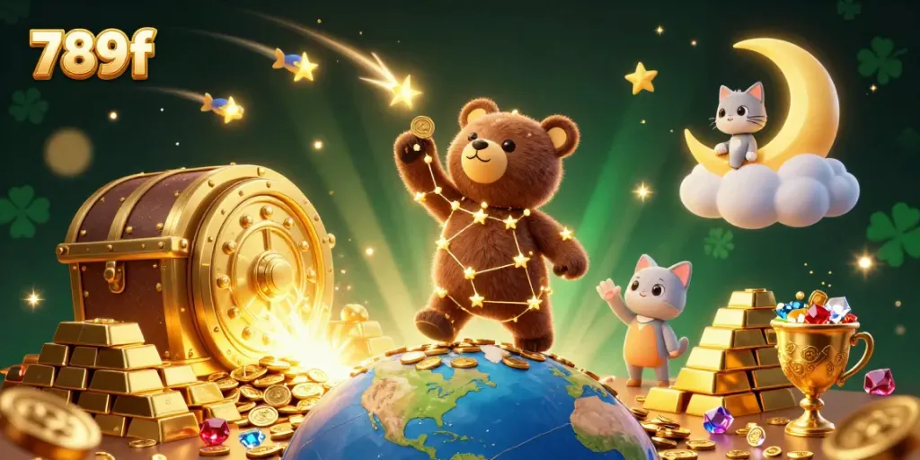 Experience the vibrant excitement of 789f's casino scene with a constellation bear scooping up coins.