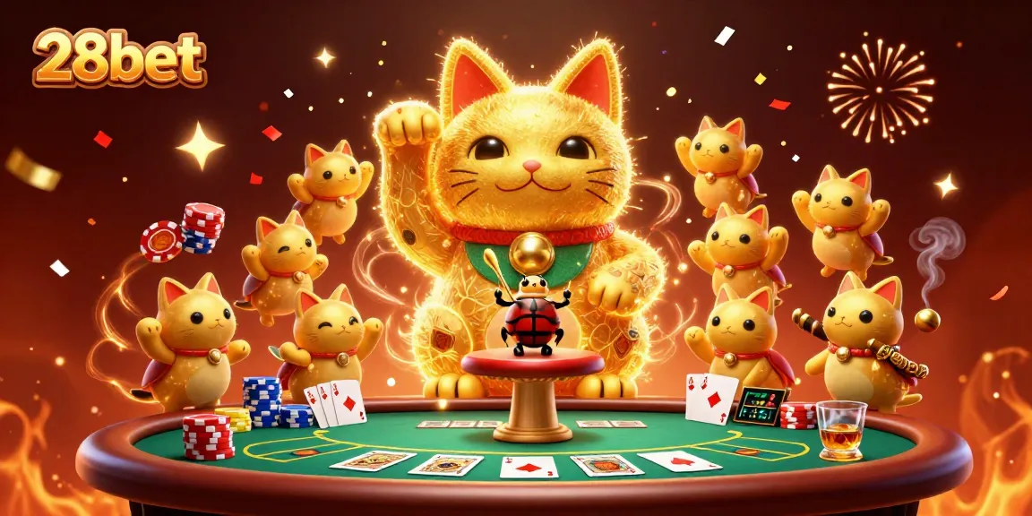 Engage with the vibrant world of 28bet featuring a lucky cat and golden fireflies in a casino scene.