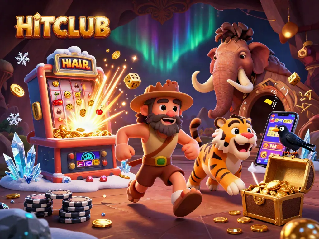 Experience the excitement at HITCLUB with caveman and tiger winning jackpots in a colorful casino scene.