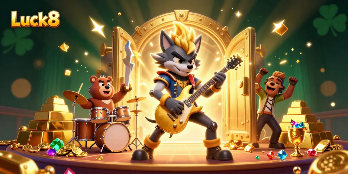 Experience the thrill of Luck8 with a rock star wolf on stage, surrounded by shimmering treasures.