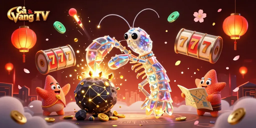 Engage with Gà Vàng TV's exhilarating gaming experience, as a mantis shrimp shatters asteroids spilling gold.
