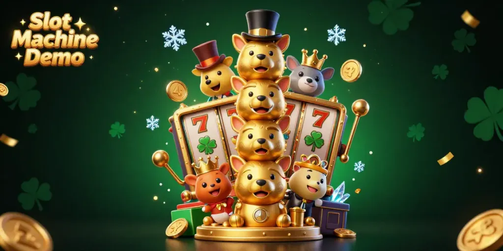 Experience Slot Machine Demo through a vibrant illustration showcasing slot machine elements and a golden totem pole.