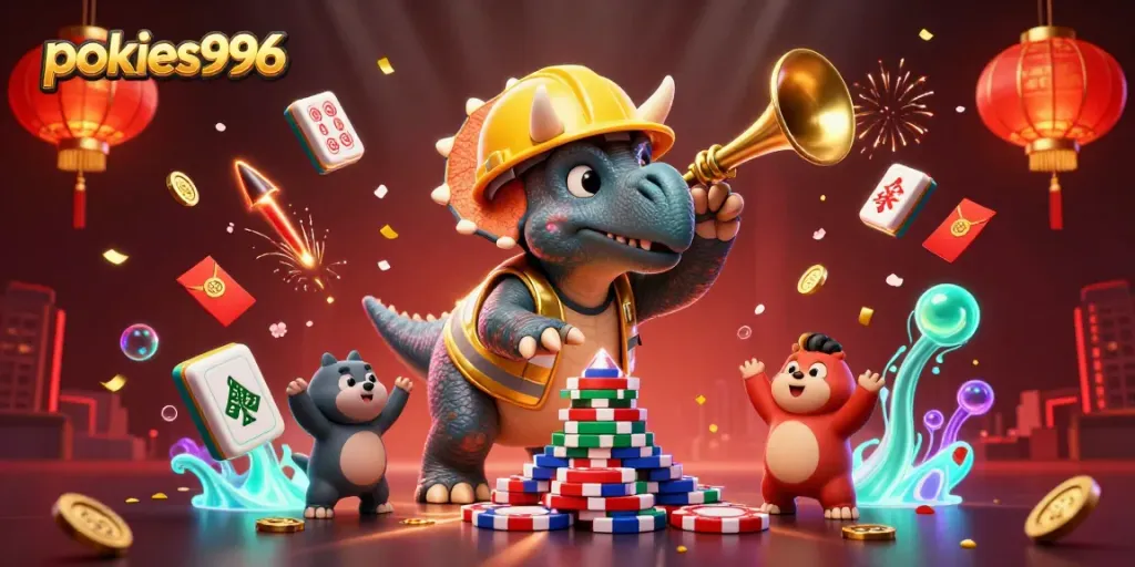 Engage with pokies996 action, featuring a triceratops celebrating casino wins among colorful poker chips.