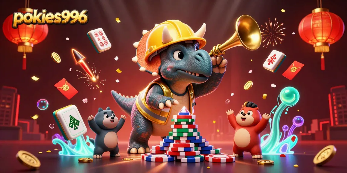 Engage with pokies996 action, featuring a triceratops celebrating casino wins among colorful poker chips.