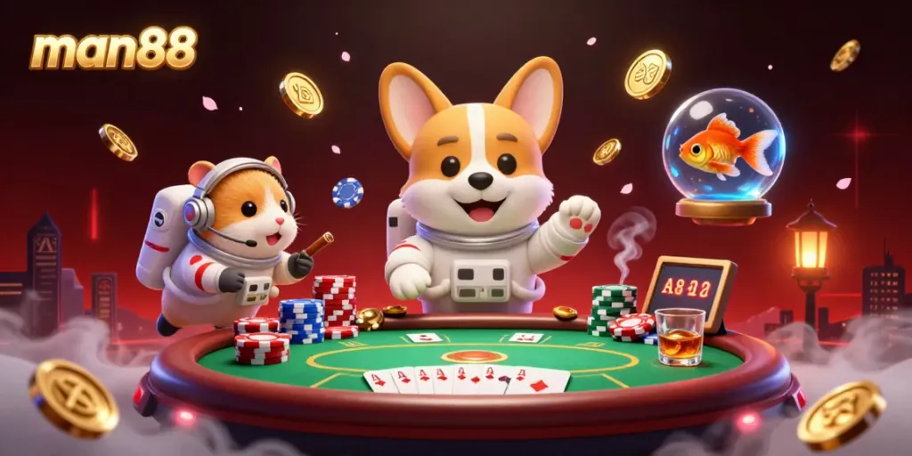 Experience gaming excitement at man88 with a vibrant 3D cartoon casino scene featuring poker elements.