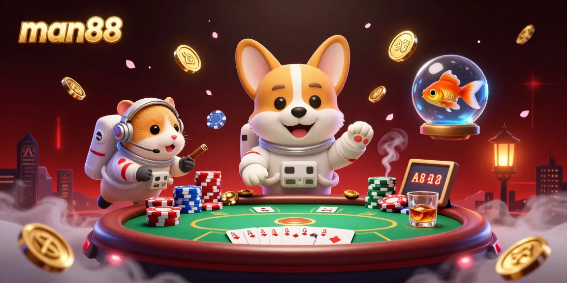 Experience gaming excitement at man88 with a vibrant 3D cartoon casino scene featuring poker elements.