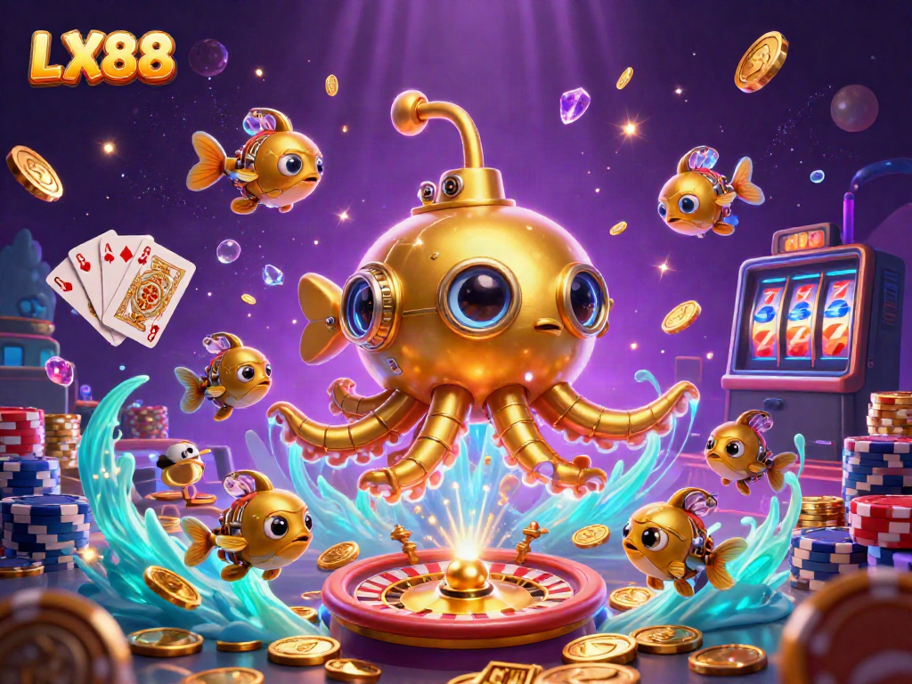 Engage with LX88's vibrant gaming universe featuring a kraken submarine amidst golden coins and exciting casino elements.