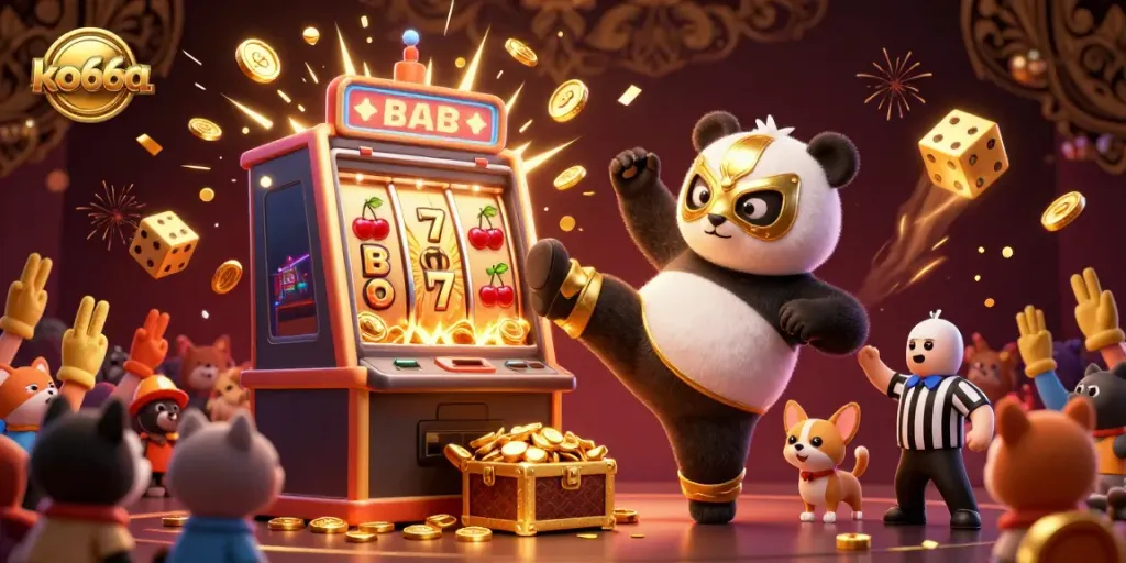 Engage with ko66a's thrilling casino experience as a panda wrestler kicks through a jackpot celebration!