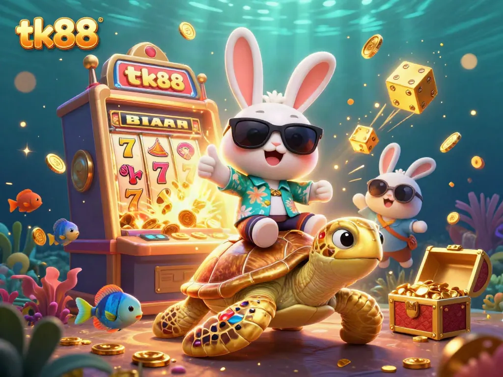 Experience thrilling tk88 action with a cartoon lucky rabbit and golden turtle in a vibrant casino scene.