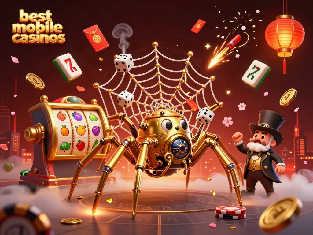 Engaging scene illustrating best mobile casinos with a golden spider and game elements, emphasizing vibrant casino action.