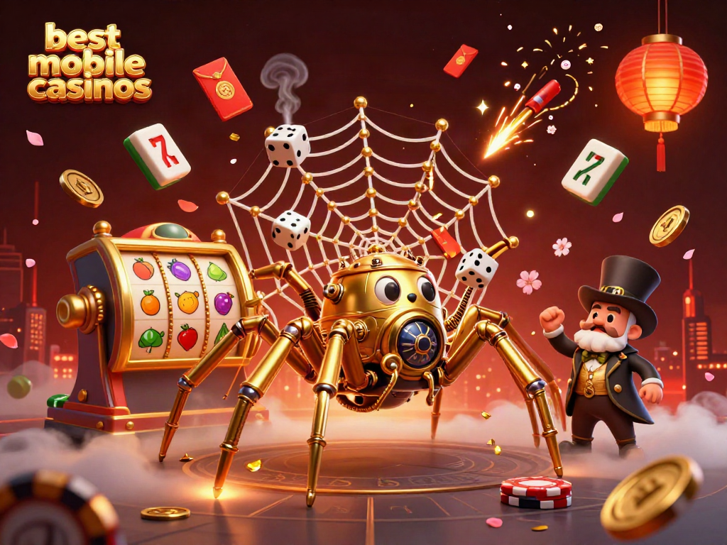 Engaging scene illustrating best mobile casinos with a golden spider and game elements, emphasizing vibrant casino action.