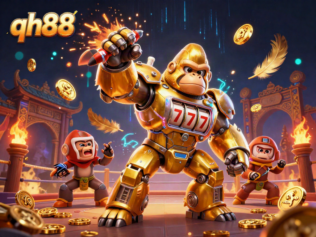 Experience excitement at QH88 with a dynamic 3D mech, explosive coins, and vibrant casino elements in a captivating scene.