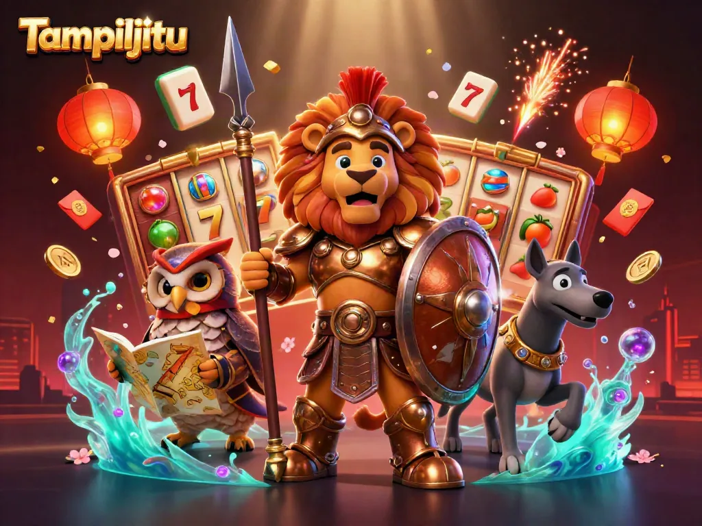 Tampiljitu showcases a vibrant 3D scene featuring a Spartan lion, owl strategist, and greyhound amidst dynamic casino elements, delivering an engaging gaming experience.