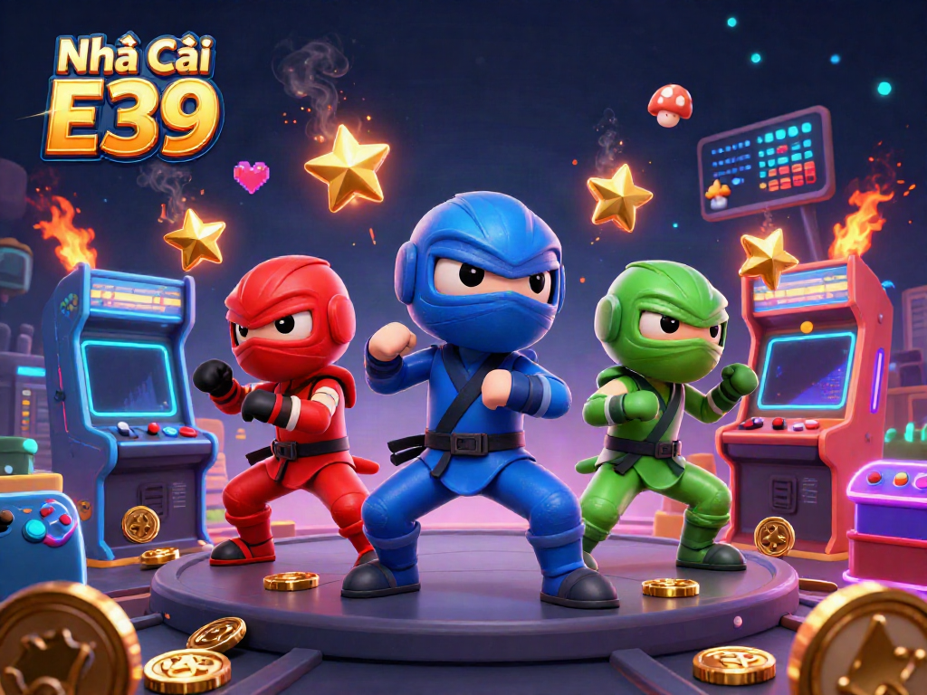 Experience the thrill of gaming at Nhà Cái E39 with vibrant chameleon ninjas and dynamic arcade elements.