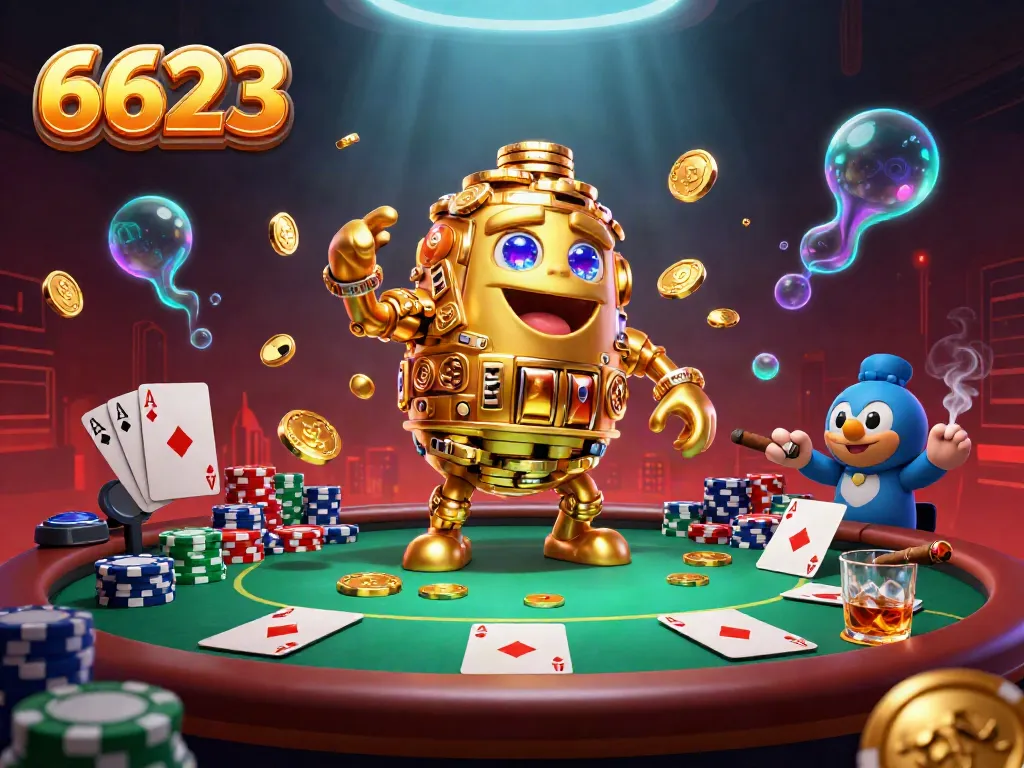 Engage in thrilling gameplay at 6623 with a vibrant golem of golden coins amidst a poker setup.