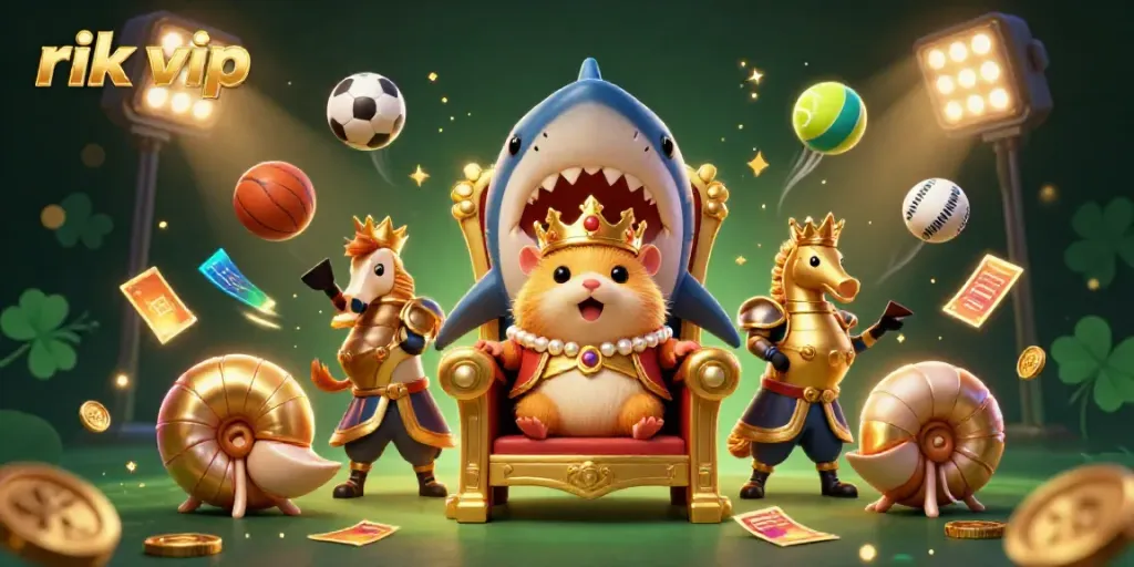 Experience the thrill of rik vip with a golden hamster king and dynamic sports elements swirling around in a vibrant casino scene.