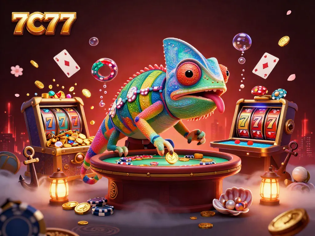 An energetic scene of the colorful chameleon casino owner at 7C77, surrounded by dynamic slot elements and treasures.