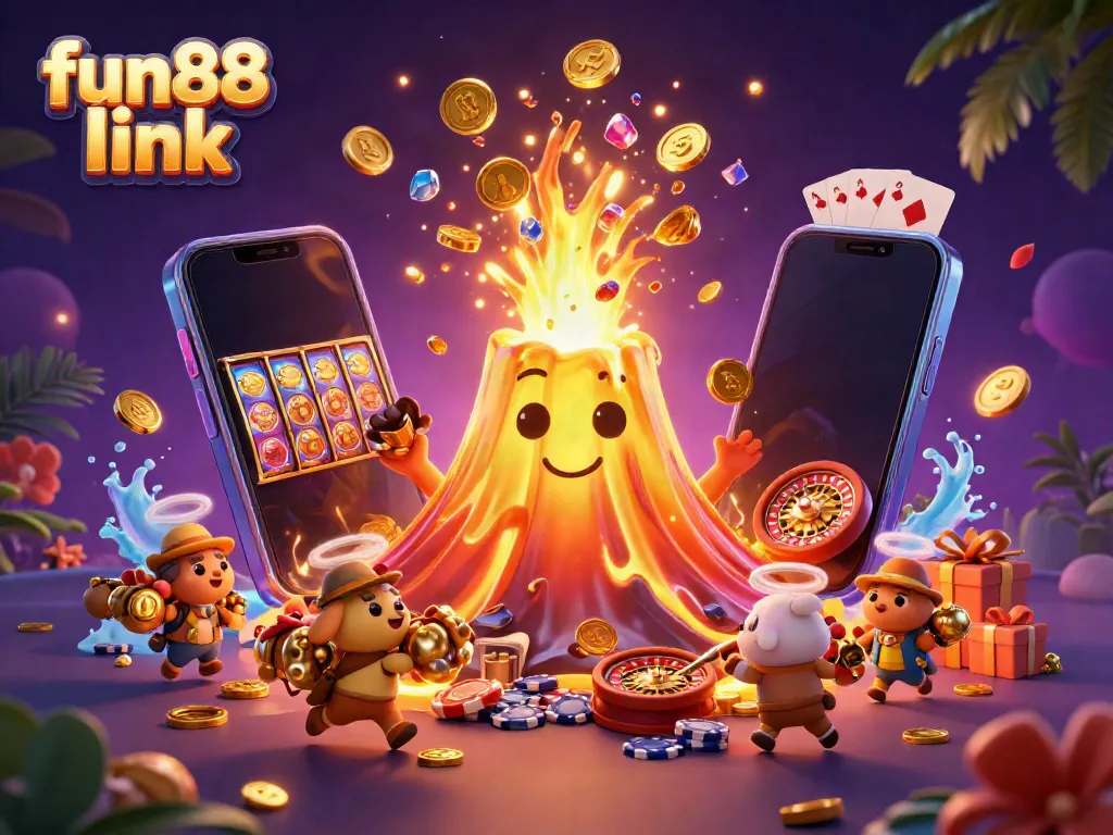Experience thrilling wins with fun88 link as a golden volcano erupts treasures in this vibrant casino scene.