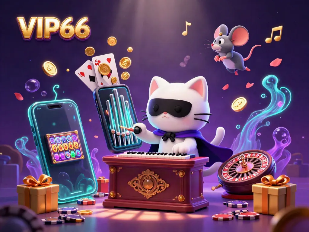 Engage with VIP66's vibrant casino scene featuring a masked cat, mouse acrobat, and dynamic gaming elements.