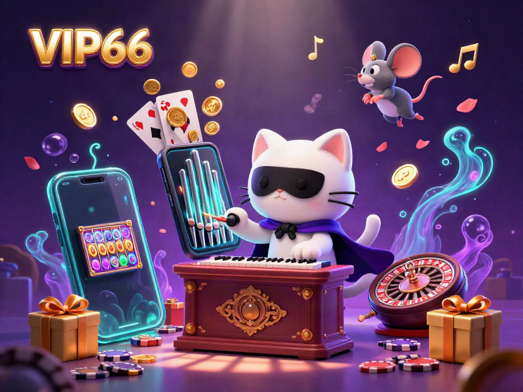 Engage with VIP66's vibrant casino scene featuring a masked cat, mouse acrobat, and dynamic gaming elements.