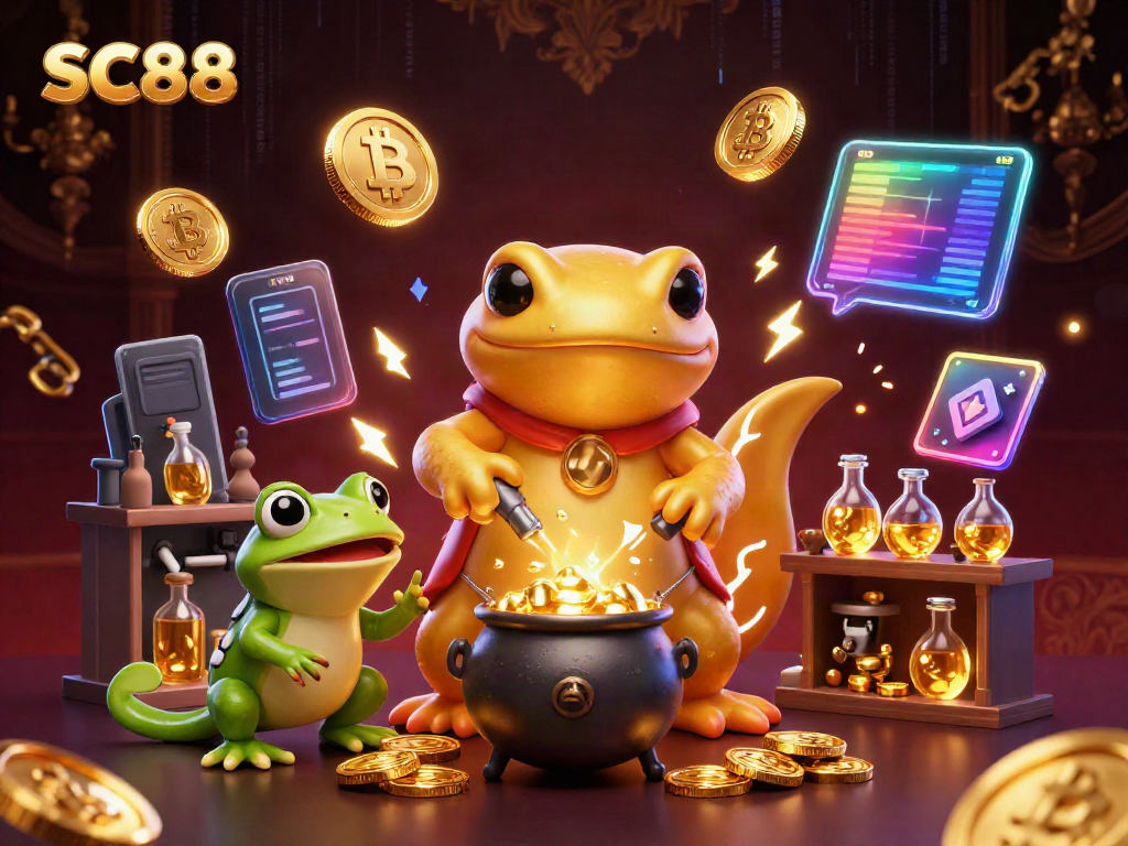 Experience winning strategies at SC88 with interactive casino games featuring vibrant characters and rich gold elements.