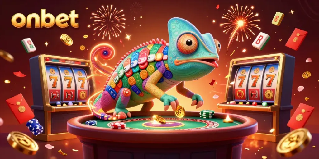 Experience thrilling gameplay at onbet with vibrant casino scenes featuring colorful chameleon, slots, and dynamic confetti.