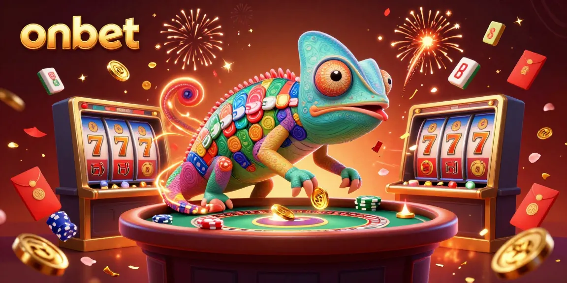Experience thrilling gameplay at onbet with vibrant casino scenes featuring colorful chameleon, slots, and dynamic confetti.