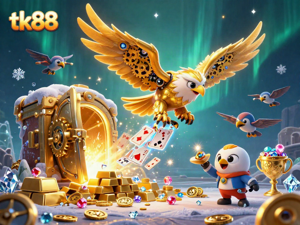 tk88 captures a cybernetic eagle soaring through holographic cards amid treasure in a vibrant 3D casino scene.