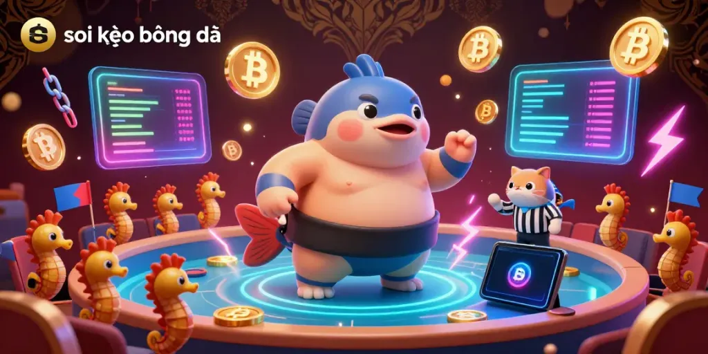 Soi kèo bóng đá vibrant scene with a large fugu, seahorse fans, and floating cryptocurrency elements