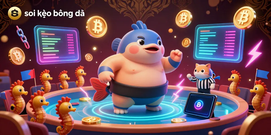 Soi kèo bóng đá vibrant scene with a large fugu, seahorse fans, and floating cryptocurrency elements