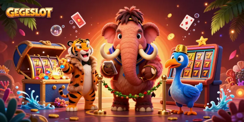 Experience GEGESLOT excitement with vibrant cartoon characters welcoming players at a thrilling casino.