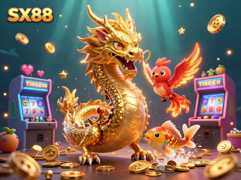 SX88 gaming experience with a golden dragon, phoenix, and koi fish among colorful casino elements.