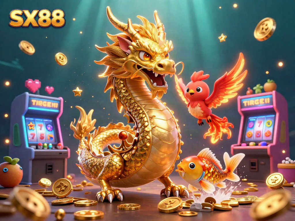 SX88 gaming experience with a golden dragon, phoenix, and koi fish among colorful casino elements.