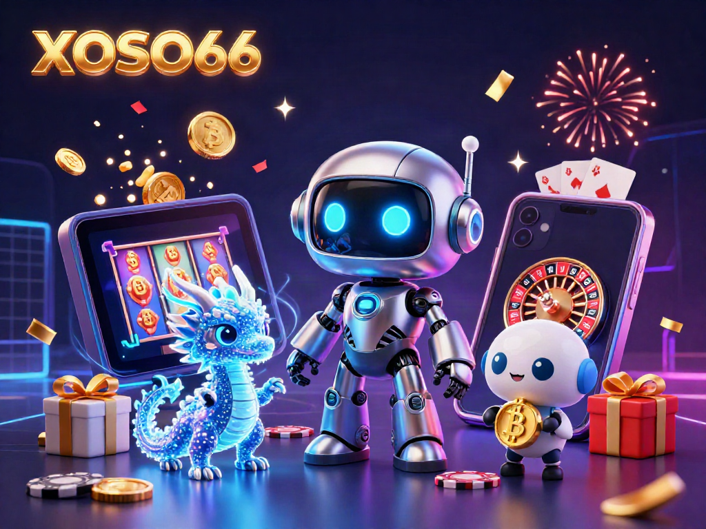 XOSO66 showcases a vibrant casino scene with a cyberpunk robot and a bitcoin drone, highlighting thrilling slot game action.