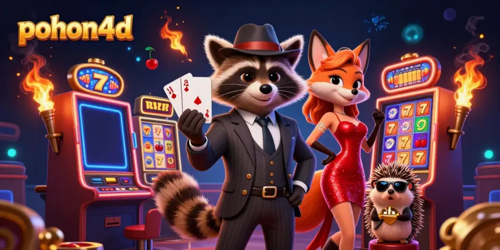 Pohon4D raccoon showcasing a winning royal flush in a dynamic digital casino environment.