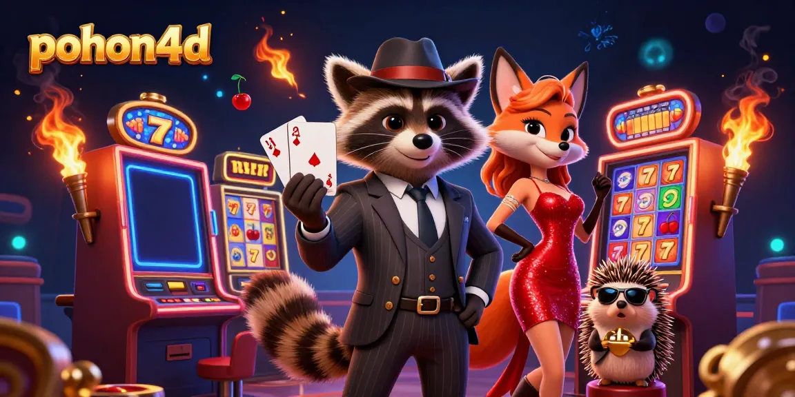 Pohon4D raccoon showcasing a winning royal flush in a dynamic digital casino environment.