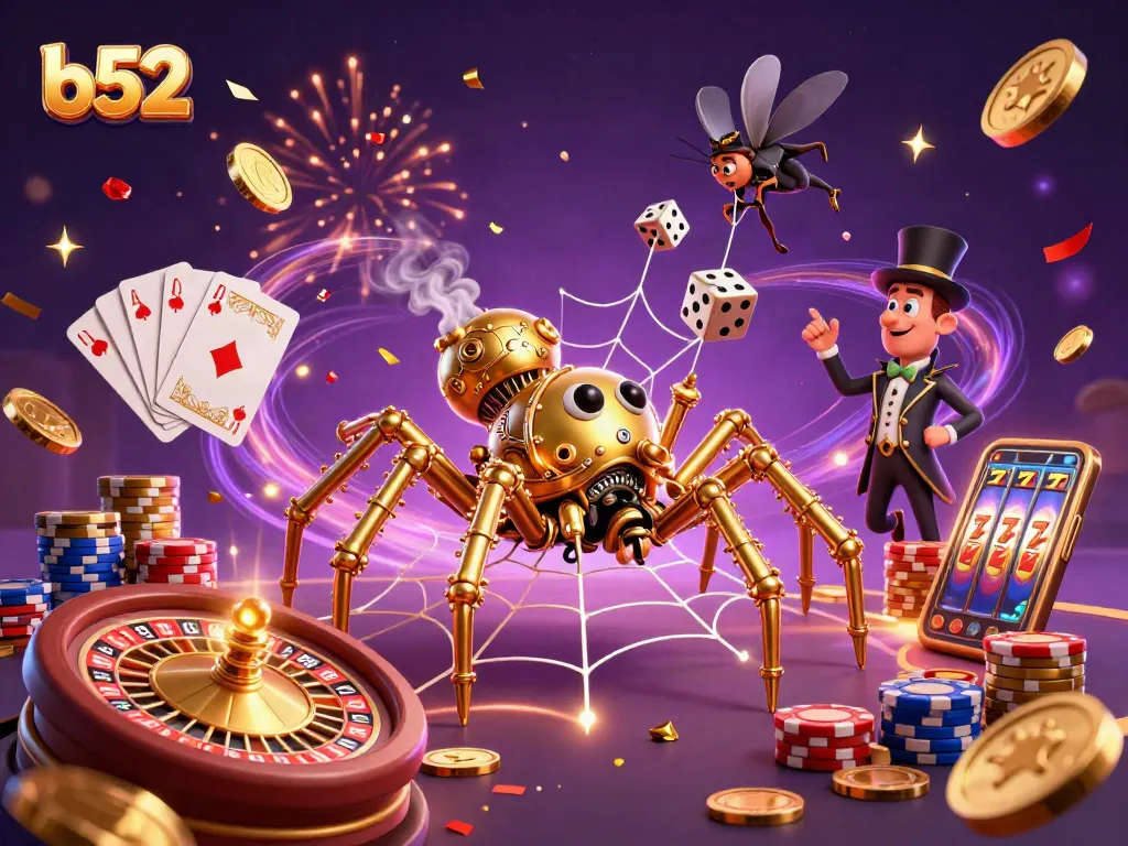 Experience thrilling wins with b52 as golden coins and cards burst from a steampunk casino web.