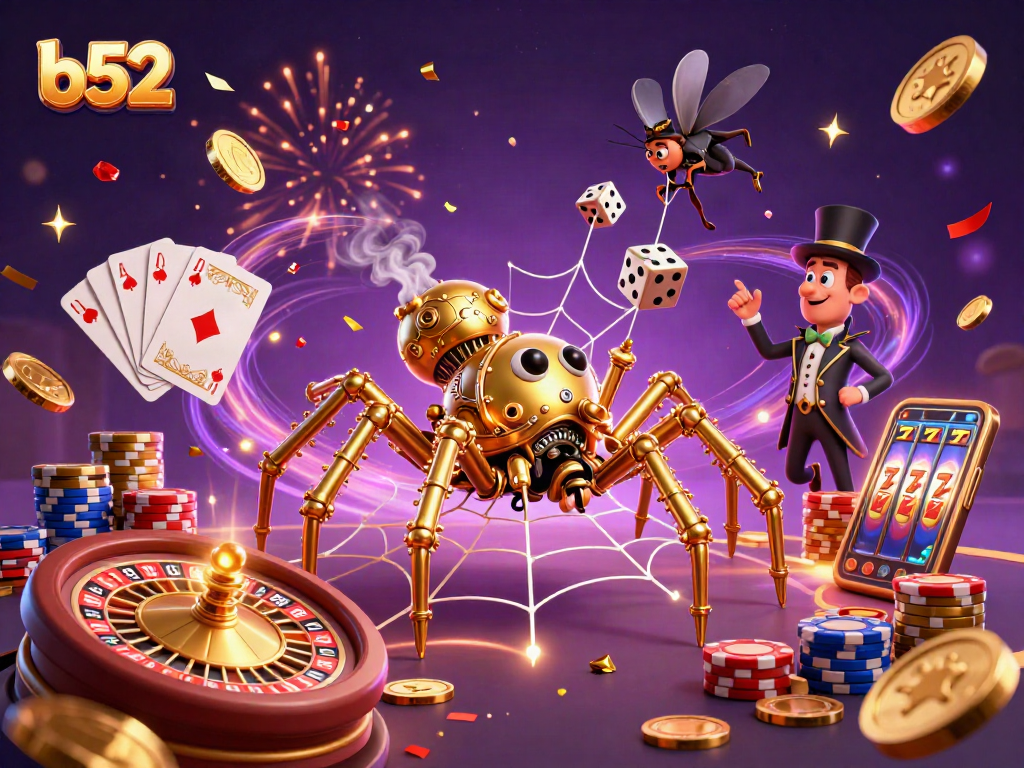 Experience thrilling wins with b52 as golden coins and cards burst from a steampunk casino web.