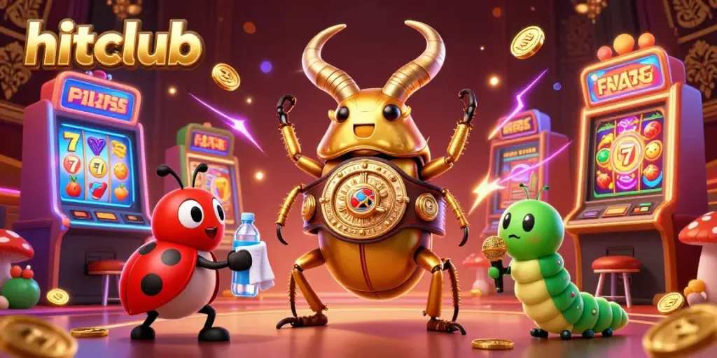 Experience thrilling gameplay with hitclub's vibrant 3D illustration featuring a giant stag beetle and lively gaming elements.